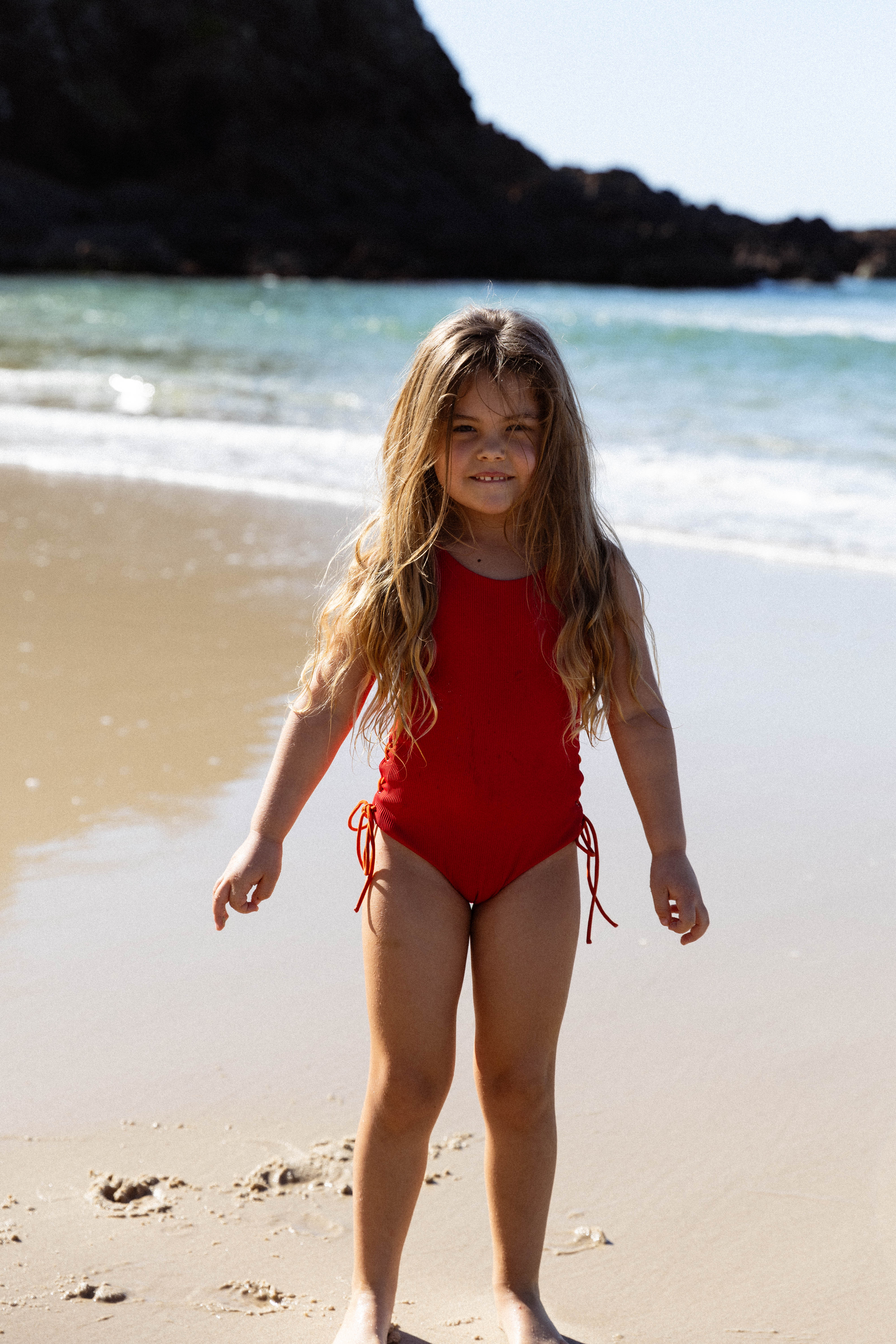 Tie Side Swimsuit - Red with Burnt Orange Tie Sides