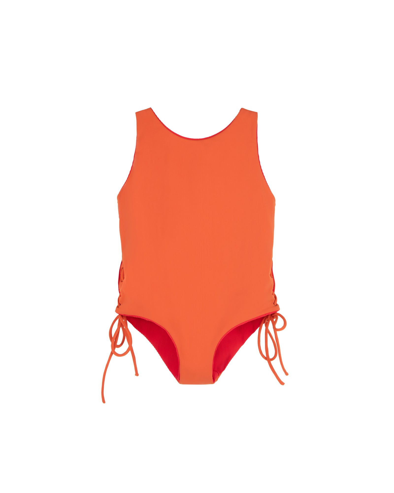 Tie Side Swimsuit - Red with Burnt Orange Tie Sides